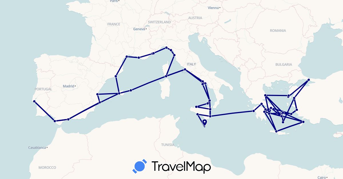 TravelMap itinerary: driving in Spain, France, Greece, Italy, Monaco, Malta, Portugal, Turkey (Asia, Europe)